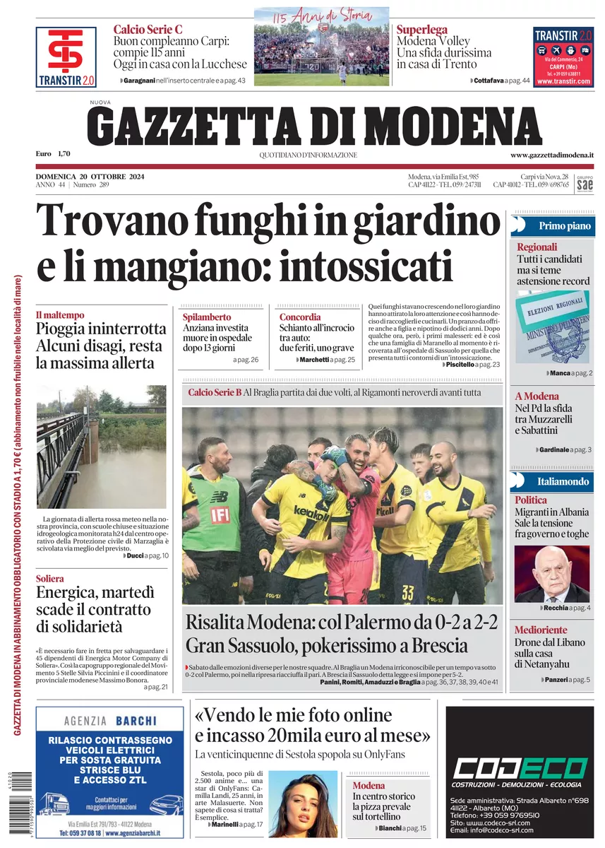 Prima-pagina-gazzetta di modena-oggi-edizione-del-2024-10-20